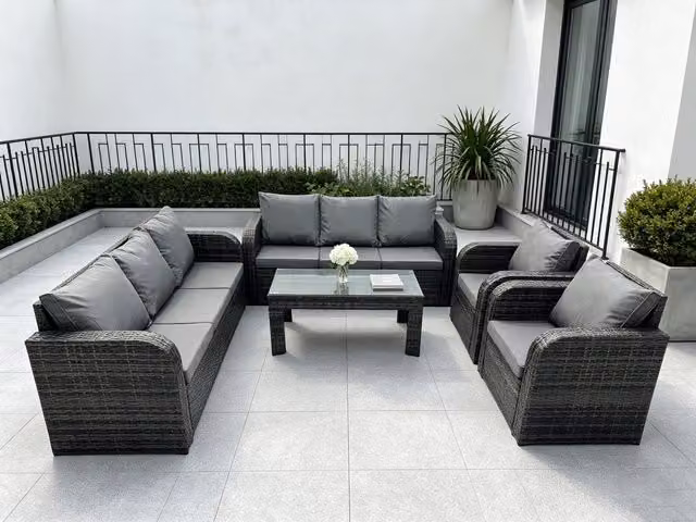 Fimous 8 Seater Grey PE Rattan L-Shape Garden Lounge Set with Reclining Sofa, Coffee Table and Upholstered Cushions