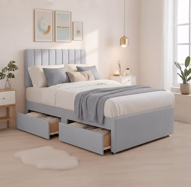 Bed Time UK Luxe Super King Divan Bed with 20in Memory Foam Hybrid Mattress, Headboard and 2 Drawer Storage in Silver Grey