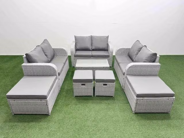 Fimous 8 Piece Garden Furniture Set with Rectangular Coffee Table, Reclining Chairs and Inclining Sofa in Light Grey