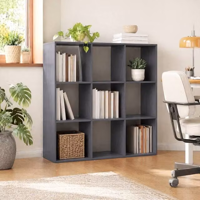 STILVORA Modern Freestanding Storage Shelf with 9 Open Cubes in Matt Grey – 1