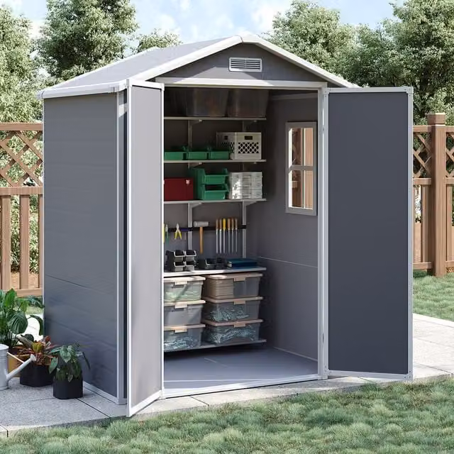 Breeins Lockable Waterproof Plastic Garden Storage Shed with Window in Grey