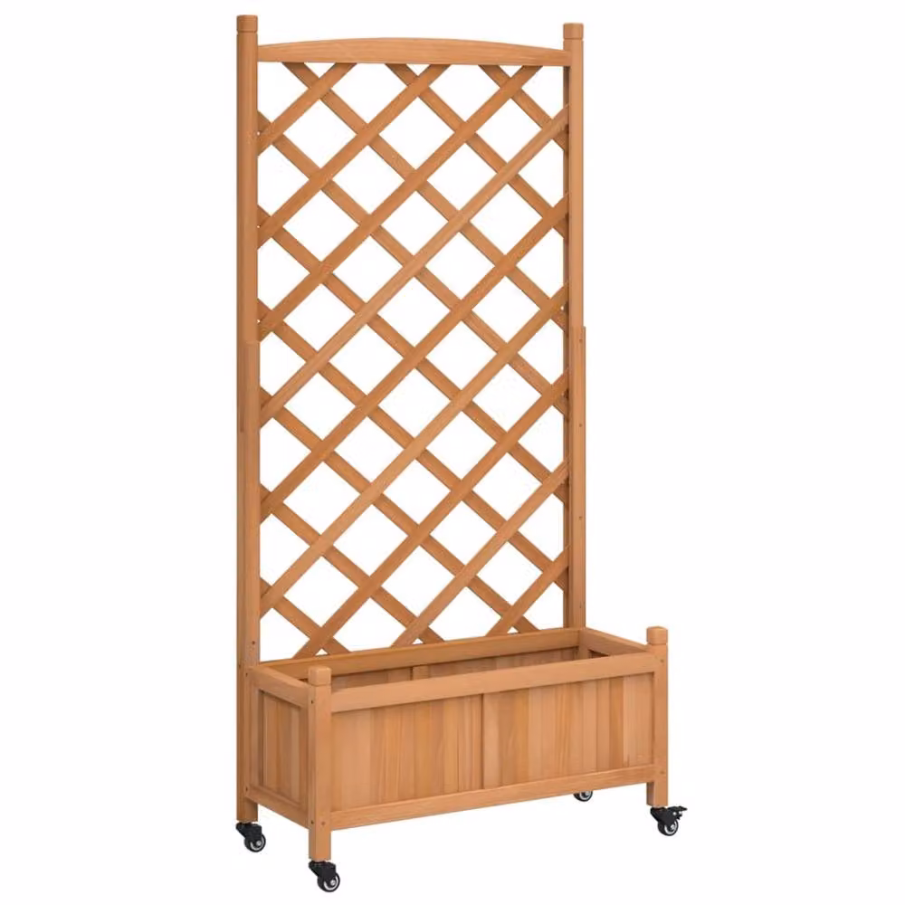 Berkfield Home Brown Solid Wood Fir Planter with Trellis and Wheels – 2
