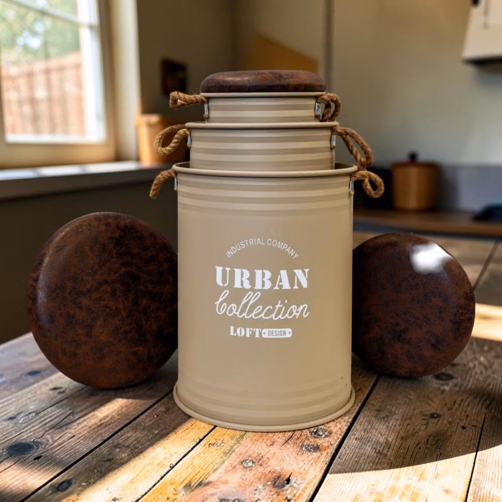 Four Candle Set of 3 Stackable Round Metal Storage Containers in Beige and Brown – 2