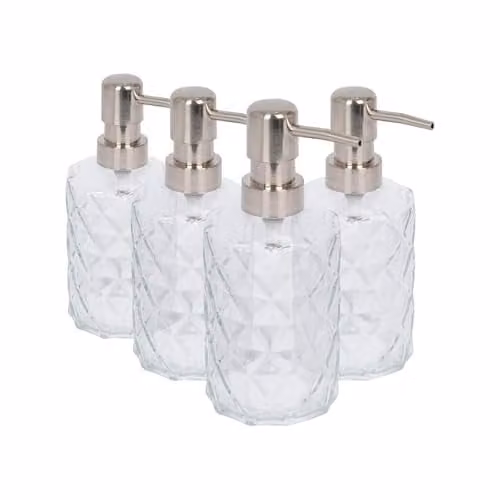 Harbour Housewares Prism Glass Soap Dispensers, Pack of 4, 330ml Transparent Refillable Bottles with Pumps