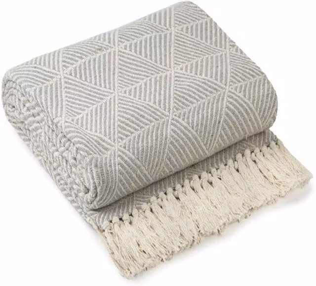 New Edge Blinds Geo Diamond Collection Geometric Woven Cotton Throw in Grey, W: 228 cm, D: 254 cm