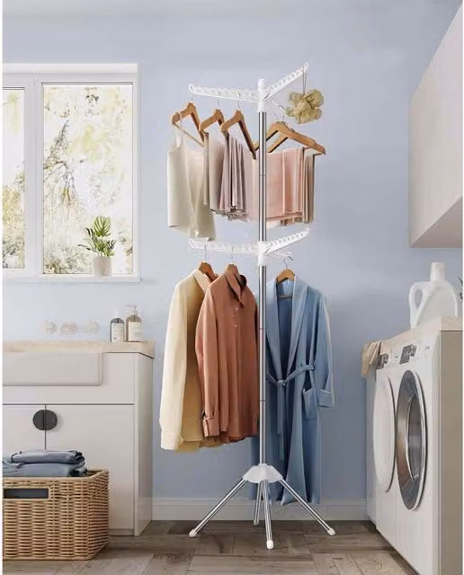 The Bazaarist Foldable Tall Clothes Drying Rack with Rotating Arms in White and Silver, H: 191 cm x W: 60 cm x D: 60 cm
