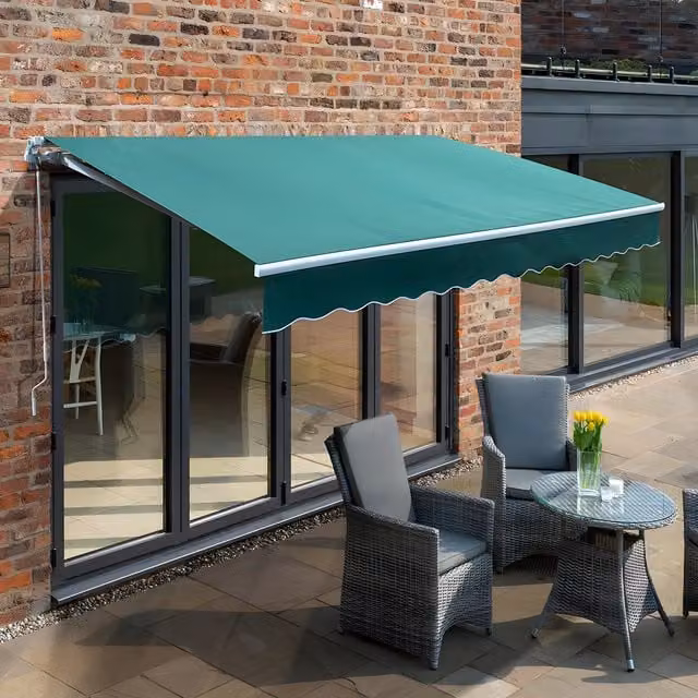 Primrose Manual Retractable Wall-Mounted Awning with White Aluminium Frame, Plain Green, W: 250 cm, D: 200 cm