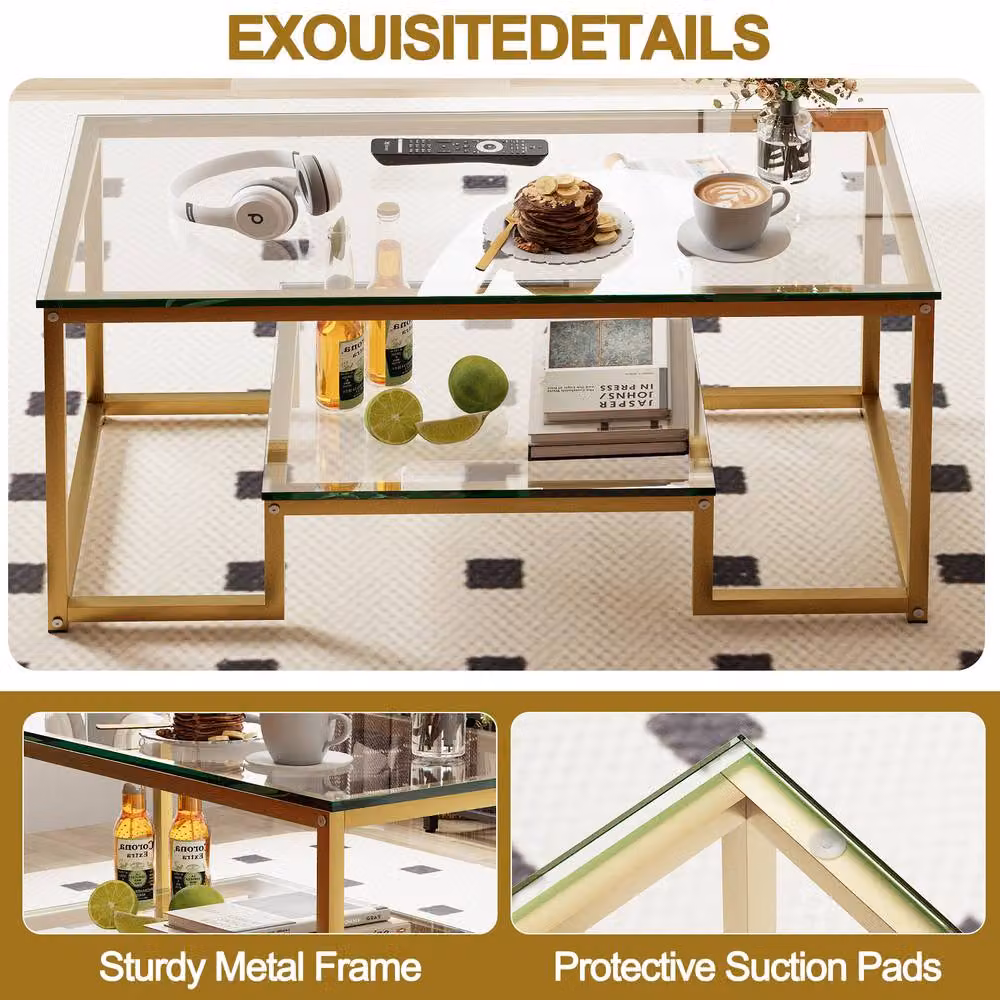 Huhote Rectangular 2-Tier Coffee Table with Gold Metal Frame and Glass Top, W/D/H: 100 x 48 x 45 cm – 7