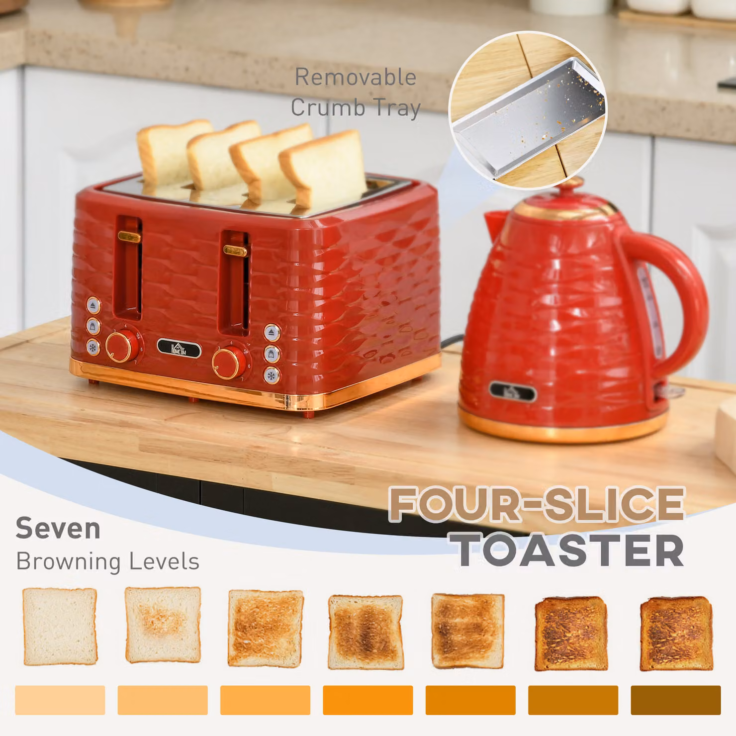HOMCOM Red Kettle and 4 Slice Toaster Set with 1.7L Rapid Boil Kettle and 7 Browning Controls – 3
