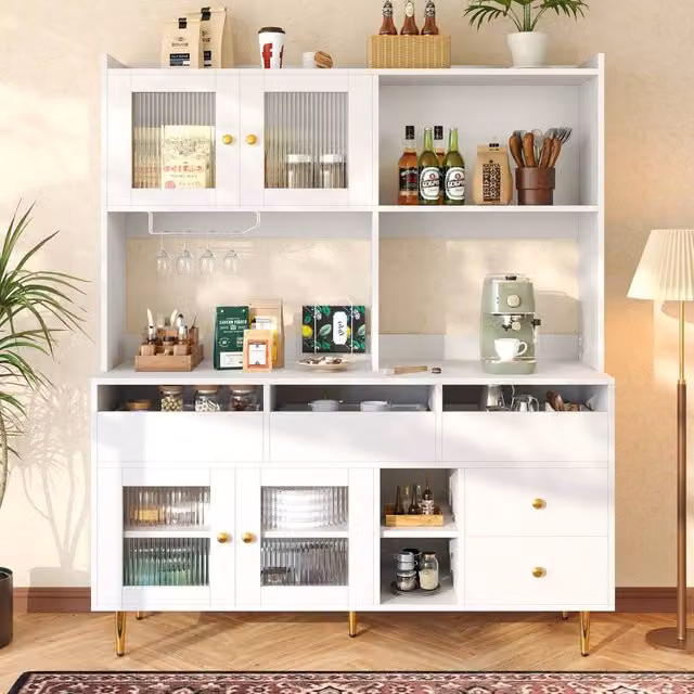 Rolipo Modern White and Gold Storage Cabinet with Fluted Glass Doors