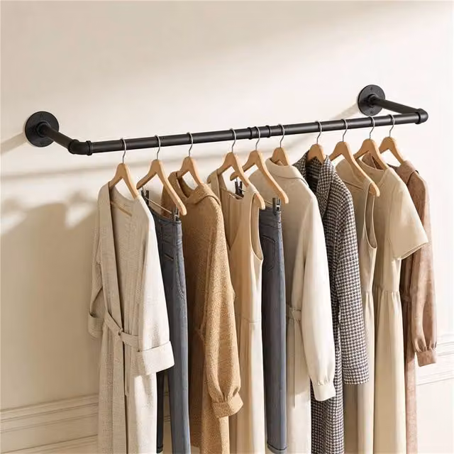Kelvenix 2-Piece Matt Black Metal Wall Mounted Continuous Linear Clothes Rail and Coat Garment Strip