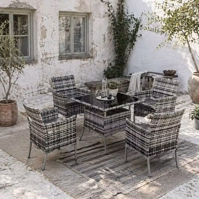 Wyld Haus Hayosa Yoka 4 Seater Garden Dining Set in Mixed Grey Rattan with Cushions