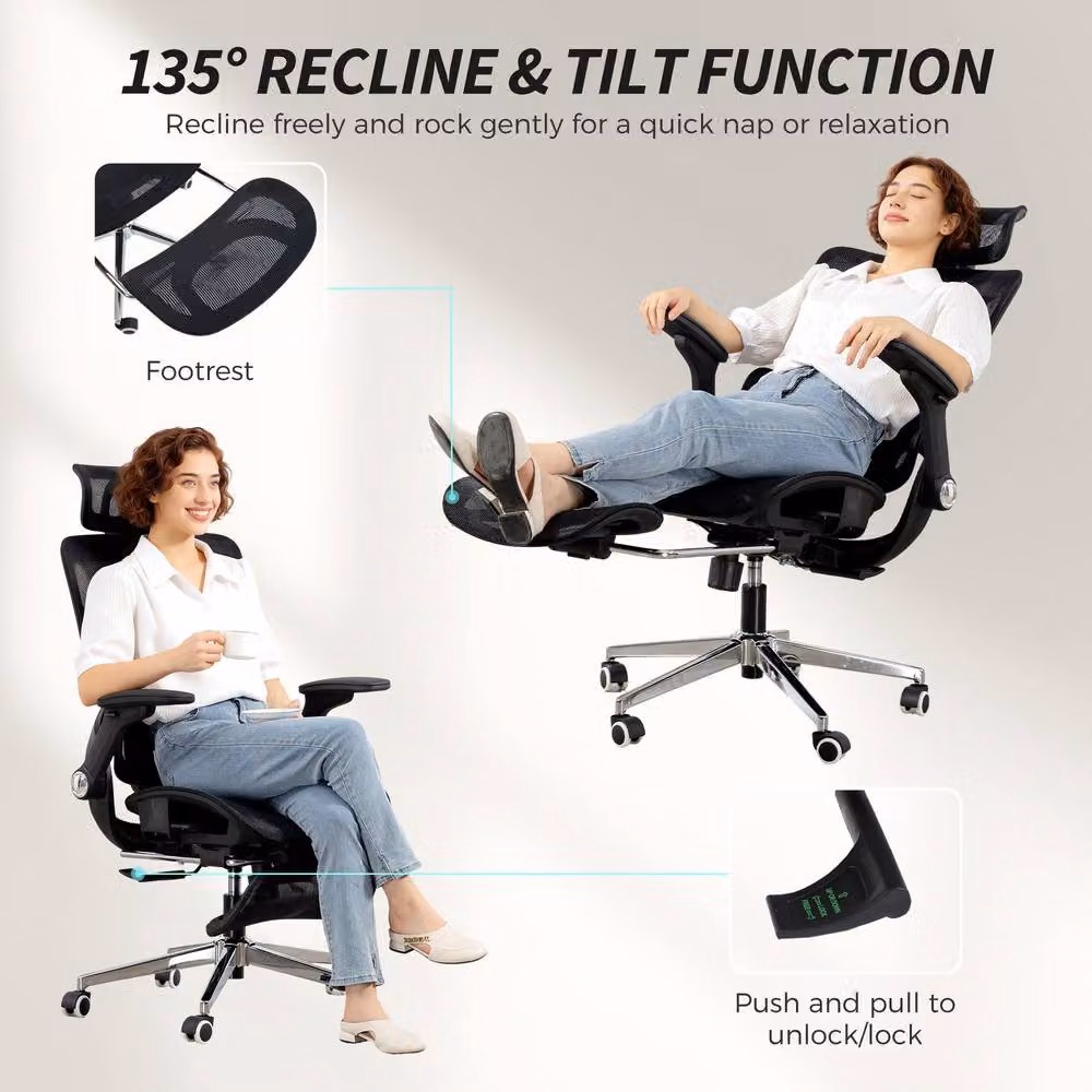 STILVORA Ergonomic Office Chair in Black Fabric with Adjustable Headrest and Seat Depth – 10