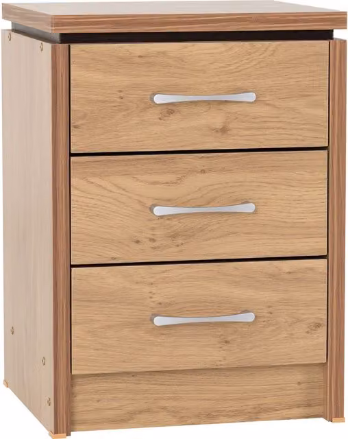 Seconique Charles 3 Drawer Bedside Chest in Brown Oak Effect with Silver Details