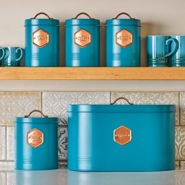 Cooks Professional 5 Piece Tea Coffee Sugar Bread and Biscuit Airtight Kitchen Storage Canister Set in Petrol Blue – 1