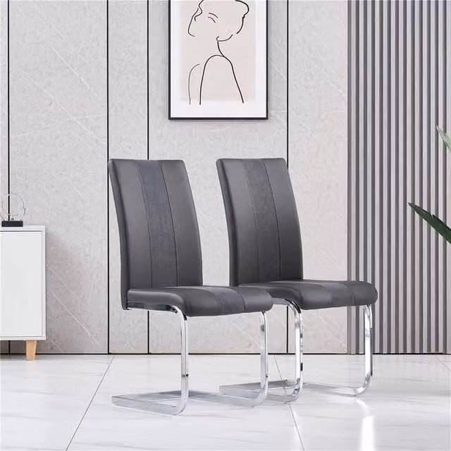 PAWNORA Set of 2 Modern Dark Grey Leather Dining Chairs with Cantilever Metal Base
