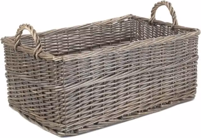 Red Hamper Shallow Antique Wash Wicker Storage Basket in Brown, Grey and Red, Width: 39 cm