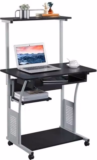 Kelvenix Modern Small Corner Computer Desk with Printer Shelf in Black – 1