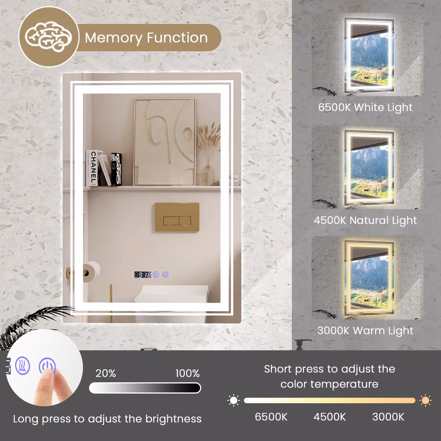 Costway Dimmable LED Bathroom Vanity Wall Mirror in Silver with Anti-Fog and 3 Colour Settings (3000-6500K) – 2