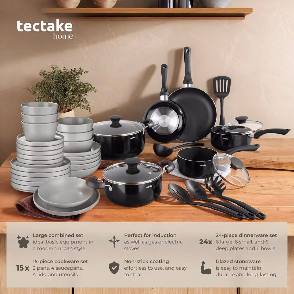 tectake Una & Varese 39 Piece Kitchen and Dinnerware Set in Grey and Black – 2