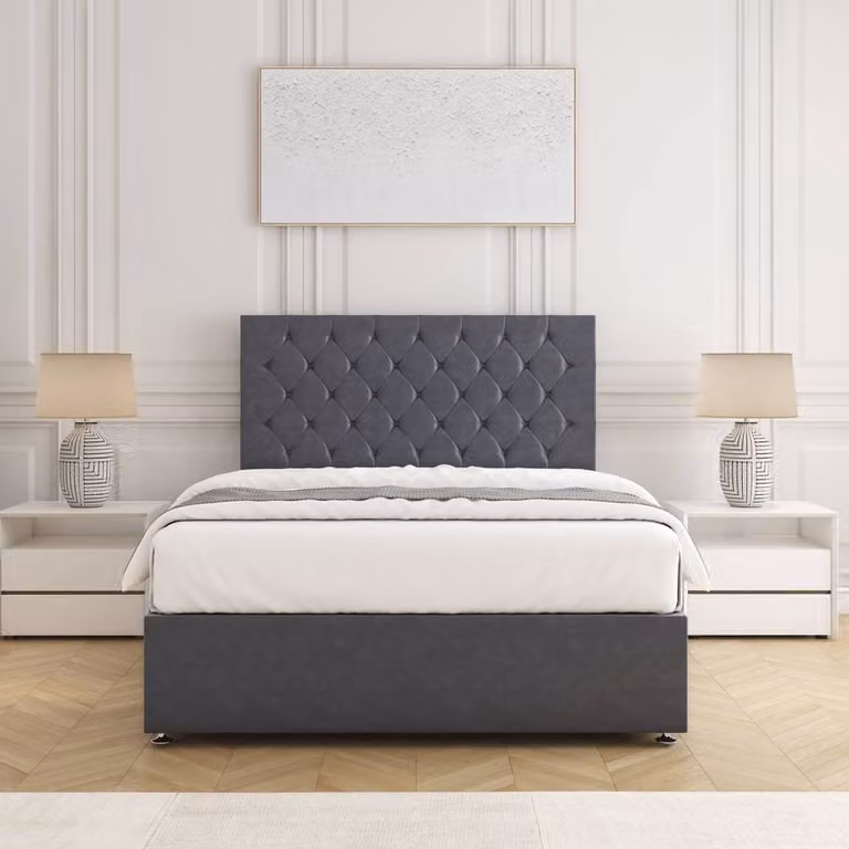 BSSPOKE Mia Plush Velvet Divan Bed Set with 24 inch Headboard, 2 Drawers, Footend and Mattress in Charcoal Grey, W/D/H: 140 x 200 cm