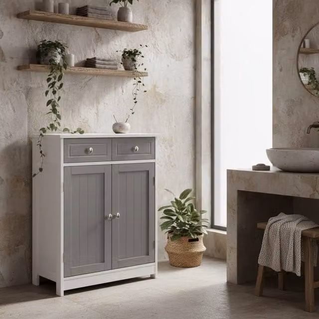 Wyld Haus Lufili Freestanding Bathroom Storage Unit with 2 Drawers and Cupboard in Grey and White