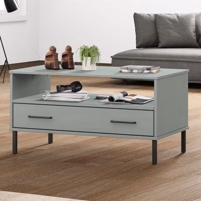 Berkfield Home Oslo Solid Wood Coffee Table in Grey with Metal Legs W: 85 cm, D: 50 cm, H: 45 cm
