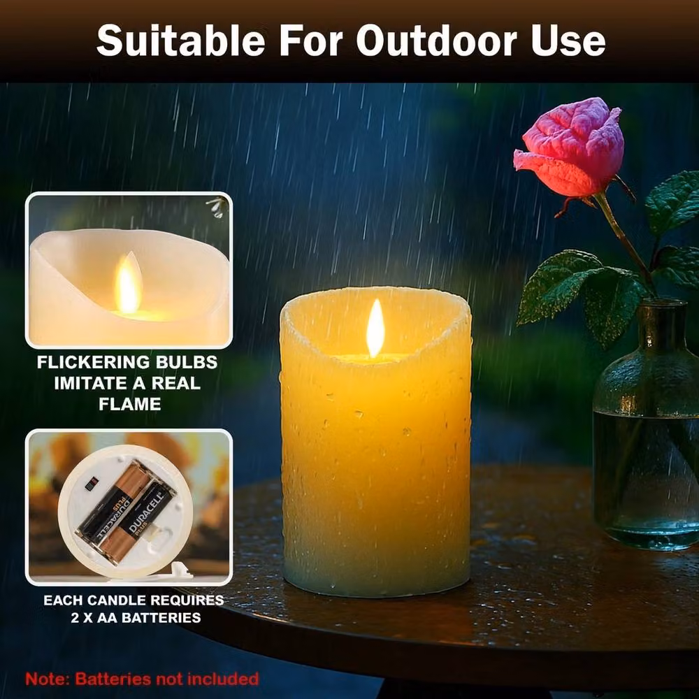 VOGREX 3 Pack White Real Wax LED Flickering Pillar Candles with Remote Control and Timer – 4