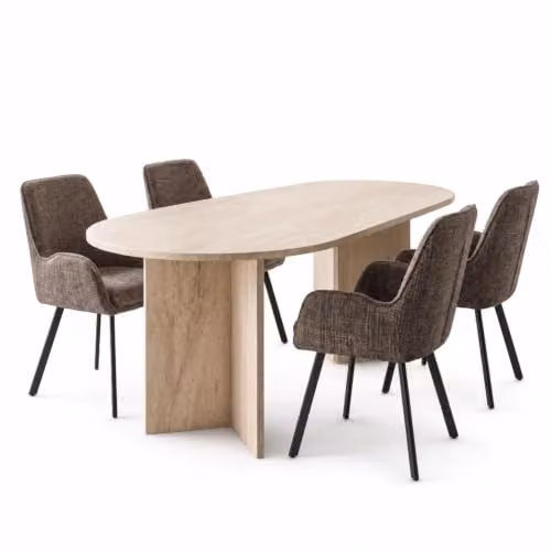 FWStyle 5 Piece Modern Dining Set with Rectangular Travertine Table and 4 Brown and Beige Chairs – 2