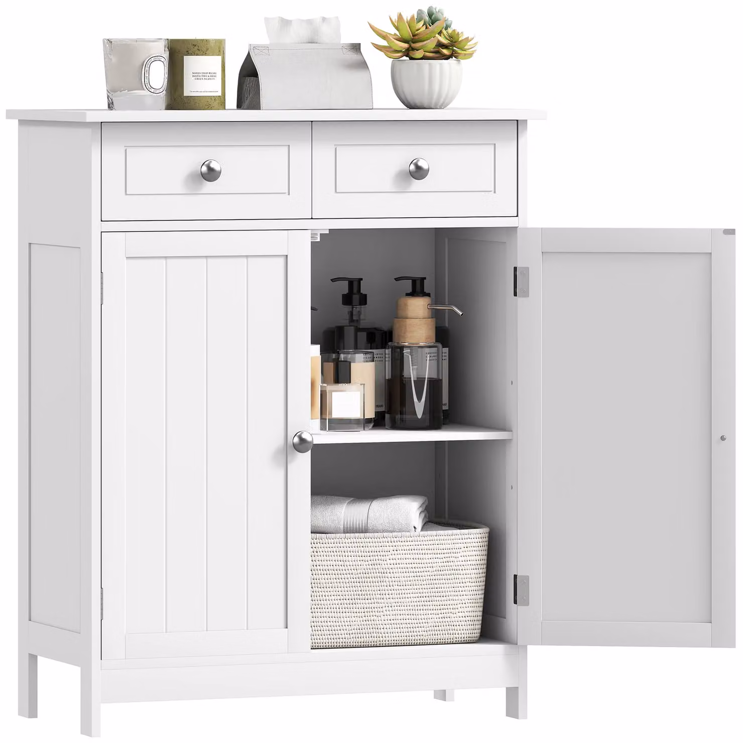 Kleankin Freestanding White Bathroom Floor Storage Cabinet with 2 Drawers and Hinged Doors – 2