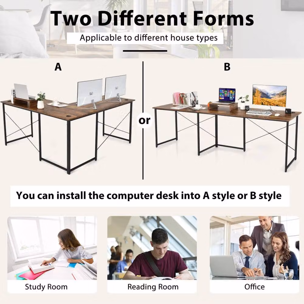 Costway L-Shaped Reversible Corner Computer Desk and Workstation for 2 People in Brown – 4