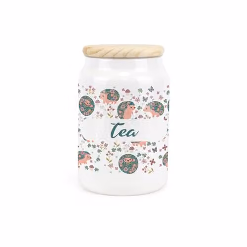 Purely Home Hedgehogs and Flowers Ceramic Tea Storage Canister with Wooden Lid, Blue and White, 0.6 l, H 14.5 cm x W 9.5 cm – 1