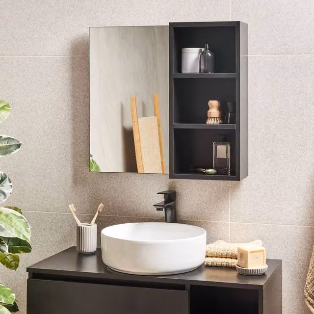 Wyld and Coco Black Wall Mounted Bathroom Mirror and Shelves W: 60 cm, D: 14 cm, H: 54 cm