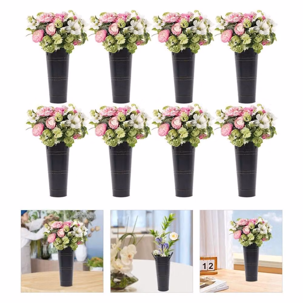 Kelvenix 8-Piece Set of Black Galvanised Metal Retro Flower Bucket Vases for Tabletop Use, H: 23 cm, W: 11 cm, D: 11 cm – 4