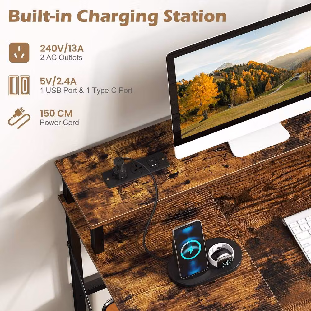Gymax Brown Gaming Desk with Charging Station and LED Lights – 6