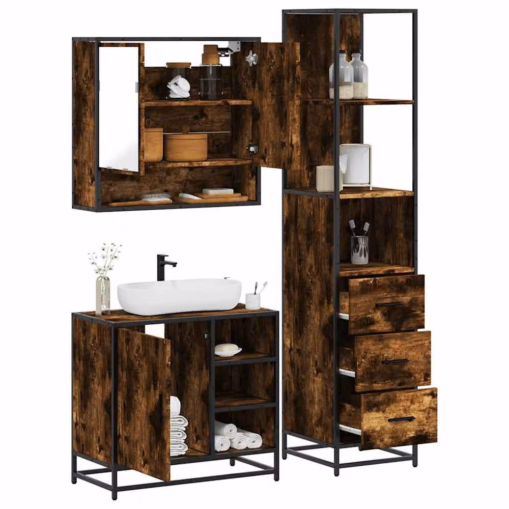 Berkfield Home 3 Piece Industrial Bathroom Furniture Set in Smoked Oak Brown – 2