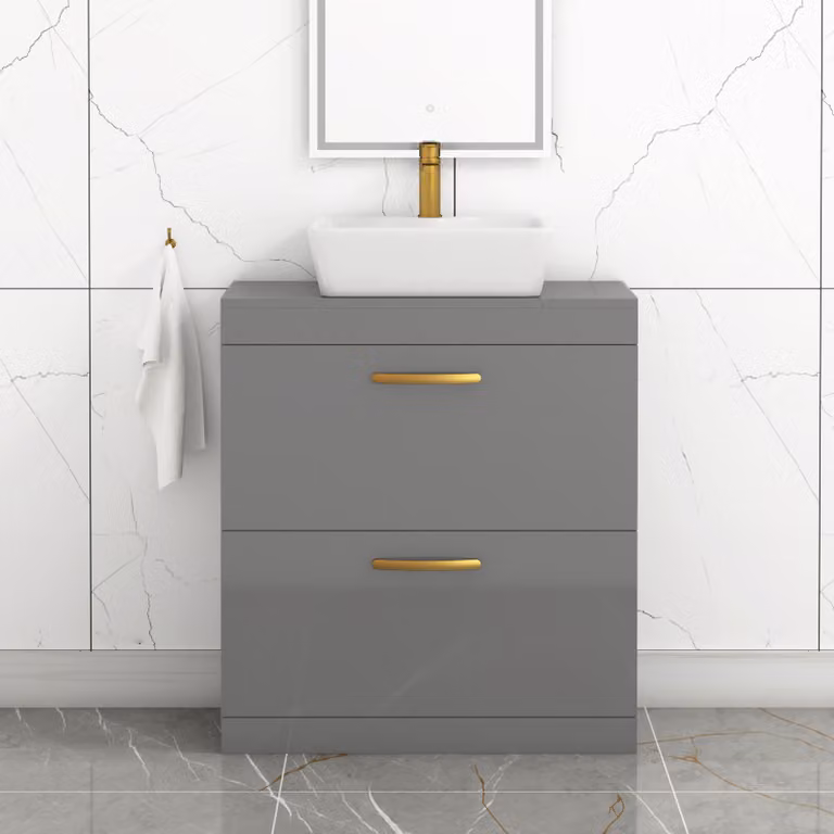 Royal Bathrooms Cube 800mm Floor Standing 2 Drawer Vanity Unit in Indigo Grey Gloss with Countertop Basin and Brushed Brass Handles