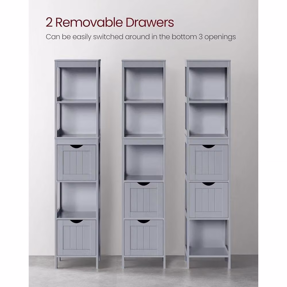 The Bazaarist Tall Bathroom Storage Cabinet with Drawer and Open Shelves, Grey, H: 141.5 cm, W: 30.0 cm – 3