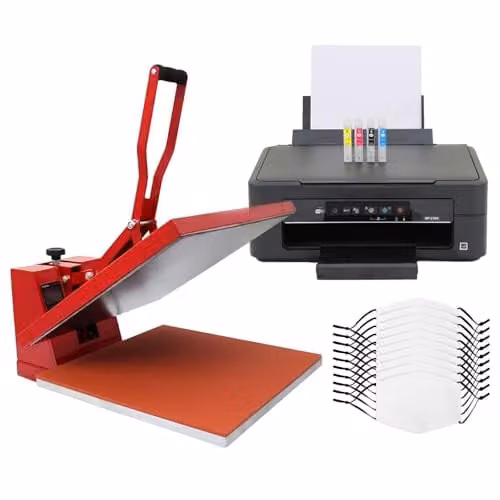 PixMax Sublimation Face Mask Printer Bundle with 38cm Clam Flat Heat Press and 10 White Blank Adult Medium 5-Layer Filter Masks