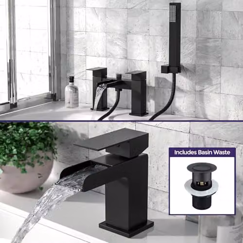 Nes Home Origin Waterfall Basin Mono Tap, Bath Filler, Handset and Pop Up Waste Set in Matte Black – 2