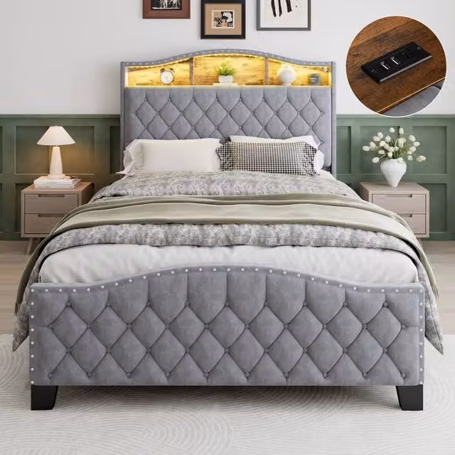 BTM Grey Velvet Upholstered Double Bed Frame with LED Under-Bed Lighting and Storage Headboard, W/D/H: 140 x 200 cm
