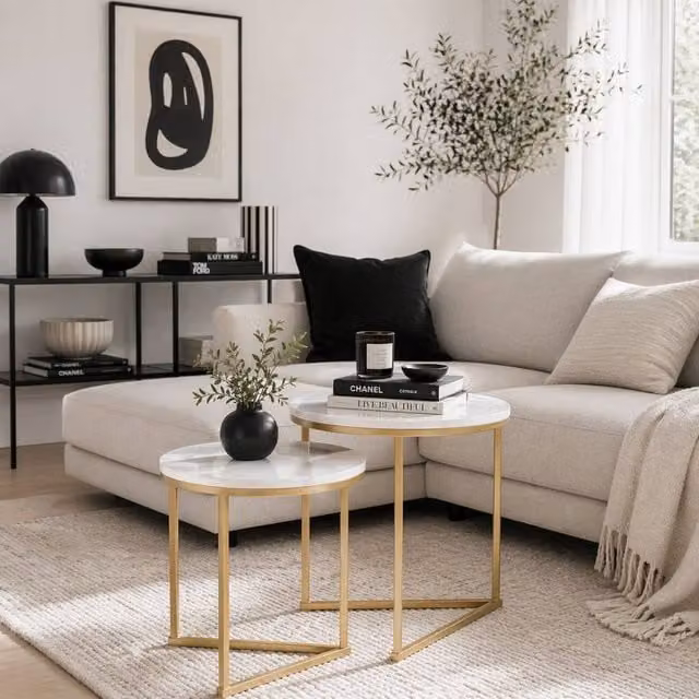 Wyld Haus Keroro Set of 2 Round Nesting Tables with White Marble Effect Tops and Gold Frames – 1