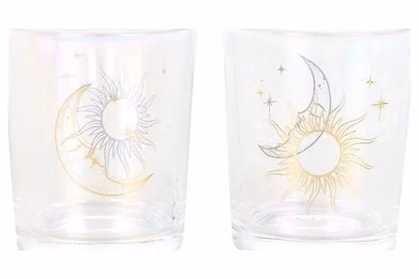 KDMD Iridescent Sun and Moon Glass Votive Tealight Holders in Transparent and Gold