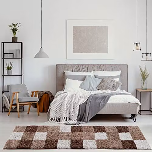THE RUGS Modern Checked High Pile Shaggy Area Rug, Brown, W/D/H: 80 x 300 cm – 4