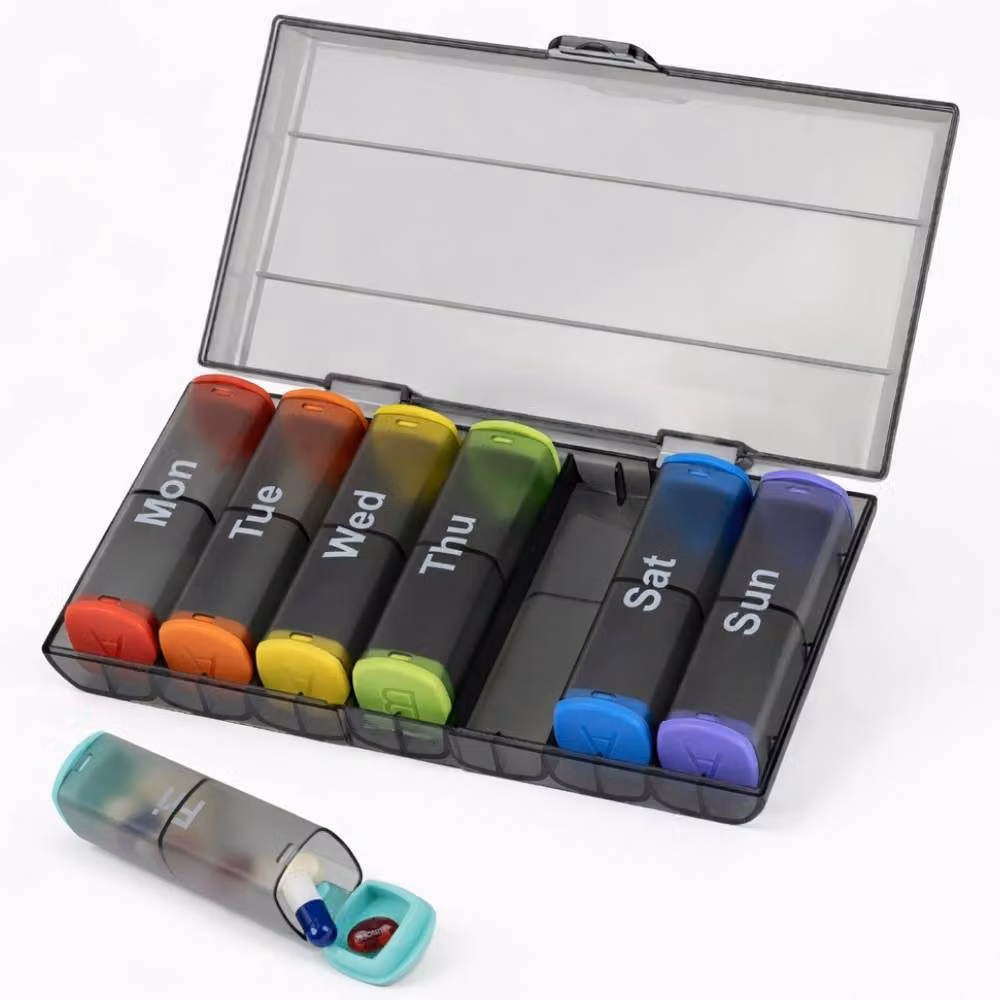 FINEWAY Weekly Pill Organiser 7 Day AM PM Storage Box in Black Transparent Multicolour – 2