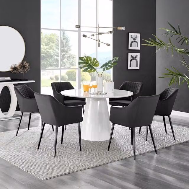 FurnitureboxUK Palma White High Gloss Round Dining Table and 6 Calla Black Leg Chairs
