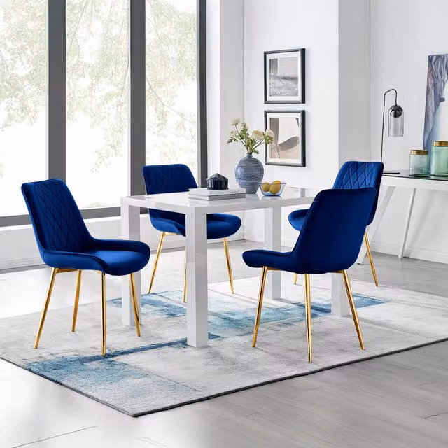 FurnitureboxUK Pivero 4 White Rectangular Dining Table and 4 Pesaro Gold Leg Chairs in Navy Blue
