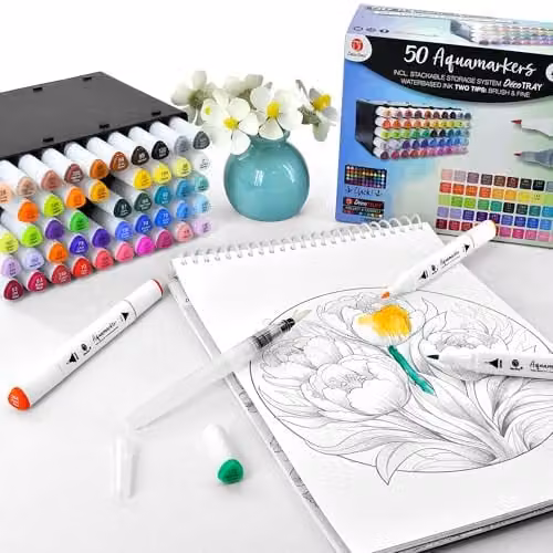 Deco Time Multicolour Aqua Brush Markers with Stackable Plastic Tray, 50 Pack – 7
