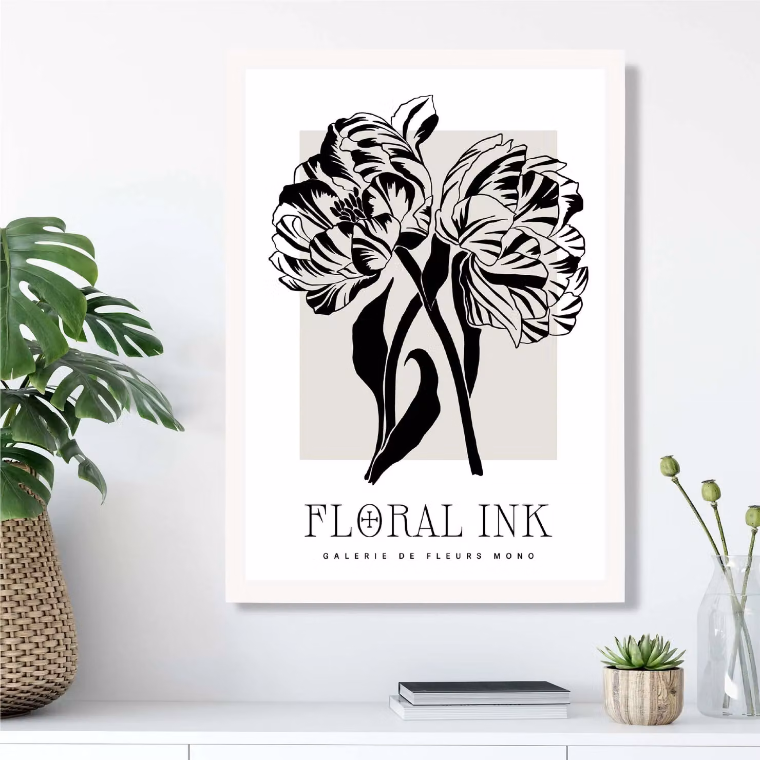 ARTZE Camelias Black and Beige Floral Ink Sketch Framed Print with White Frame, A4 – 2