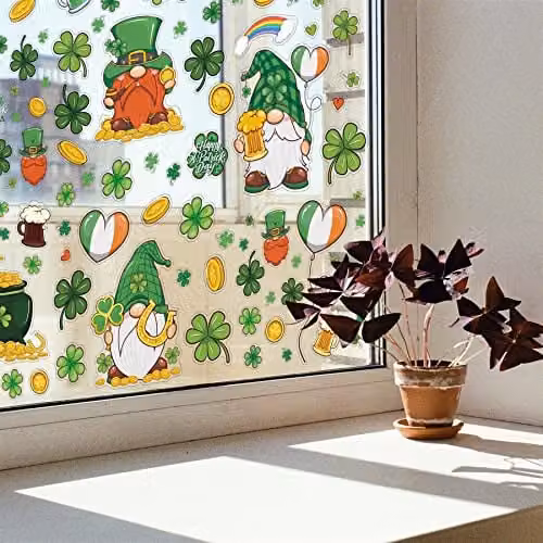 WALPLUS St Patrick's Day Shamrock Gnomes Window Stickers, Removable and Reusable Double-Sided Multicolour Glass Clings for Home, Kids Room and Classroom Decor – 2
